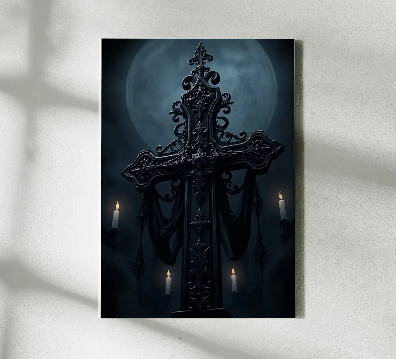 Sierlijke zwarte kruissculptuur in het maanlicht canvas met Baklijst van pixelbull - medieval art and more