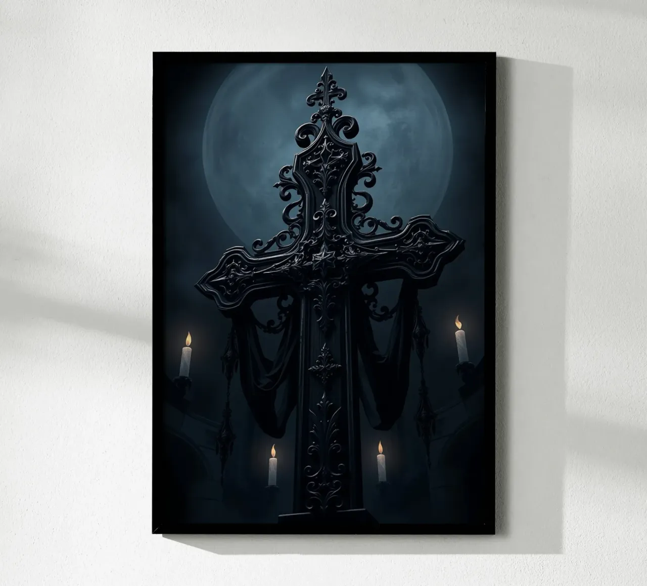 Sierlijke zwarte kruissculptuur in het maanlicht poster van pixelbull - medieval art and more