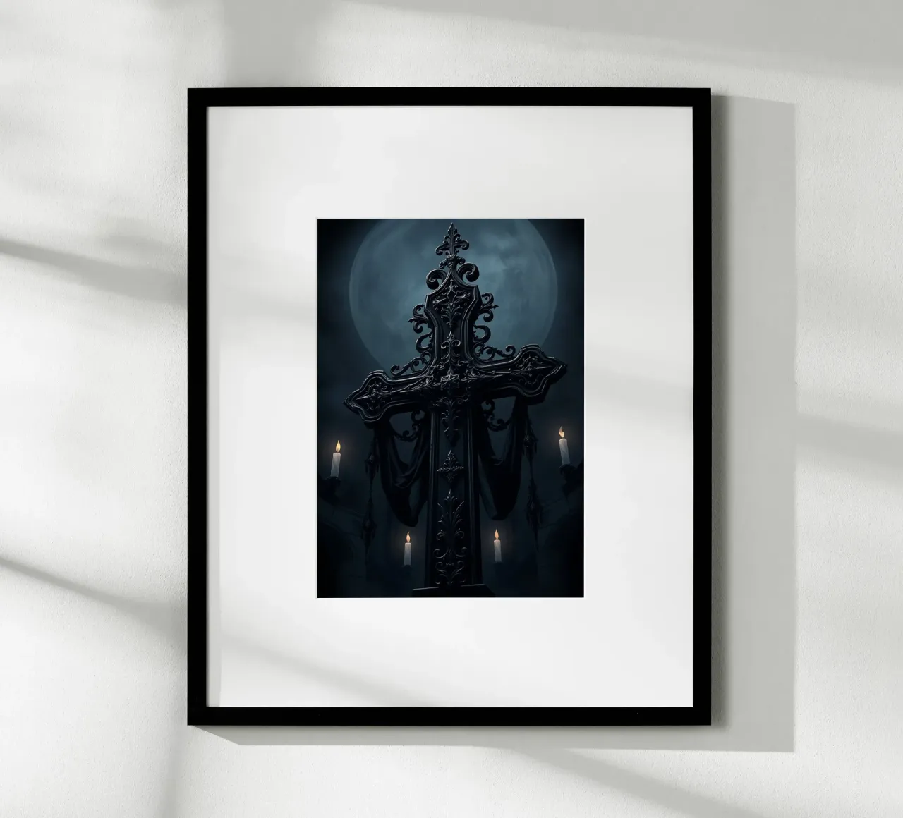 Sierlijke zwarte kruissculptuur in het maanlicht poster van pixelbull - medieval art and more