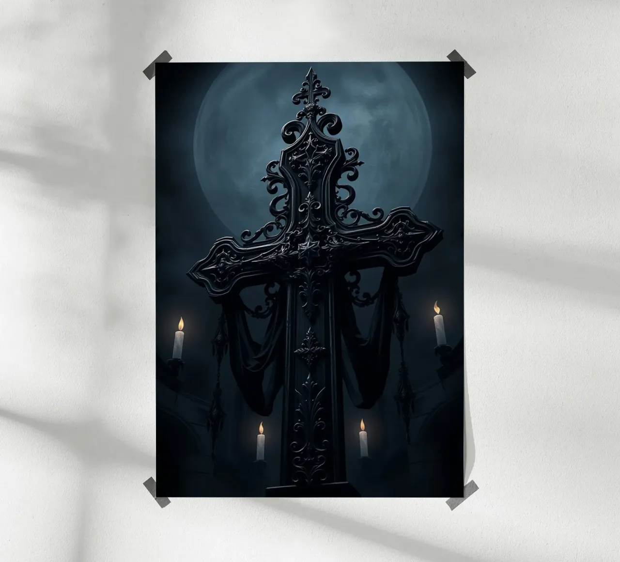 Sierlijke zwarte kruissculptuur in het maanlicht poster van pixelbull - medieval art and more