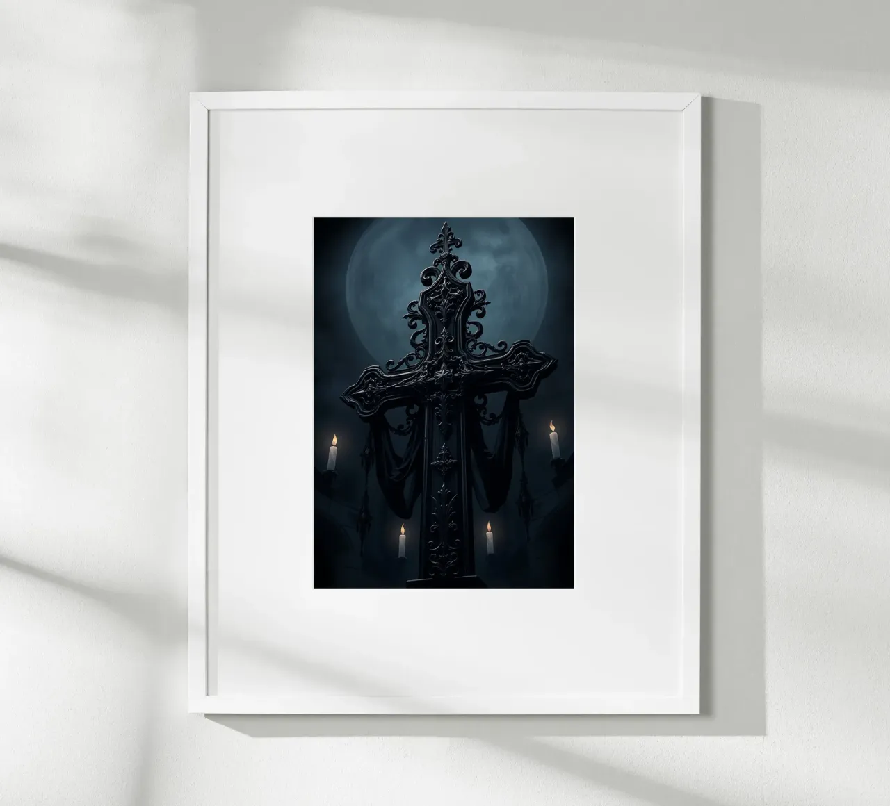 Sierlijke zwarte kruissculptuur in het maanlicht poster van pixelbull - medieval art and more