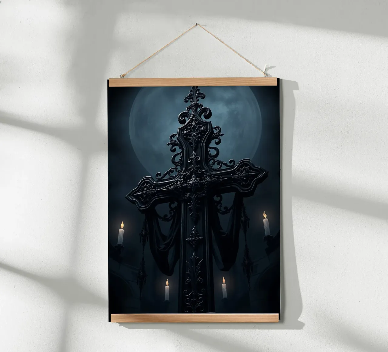 Sierlijke zwarte kruissculptuur in het maanlicht poster van pixelbull - medieval art and more