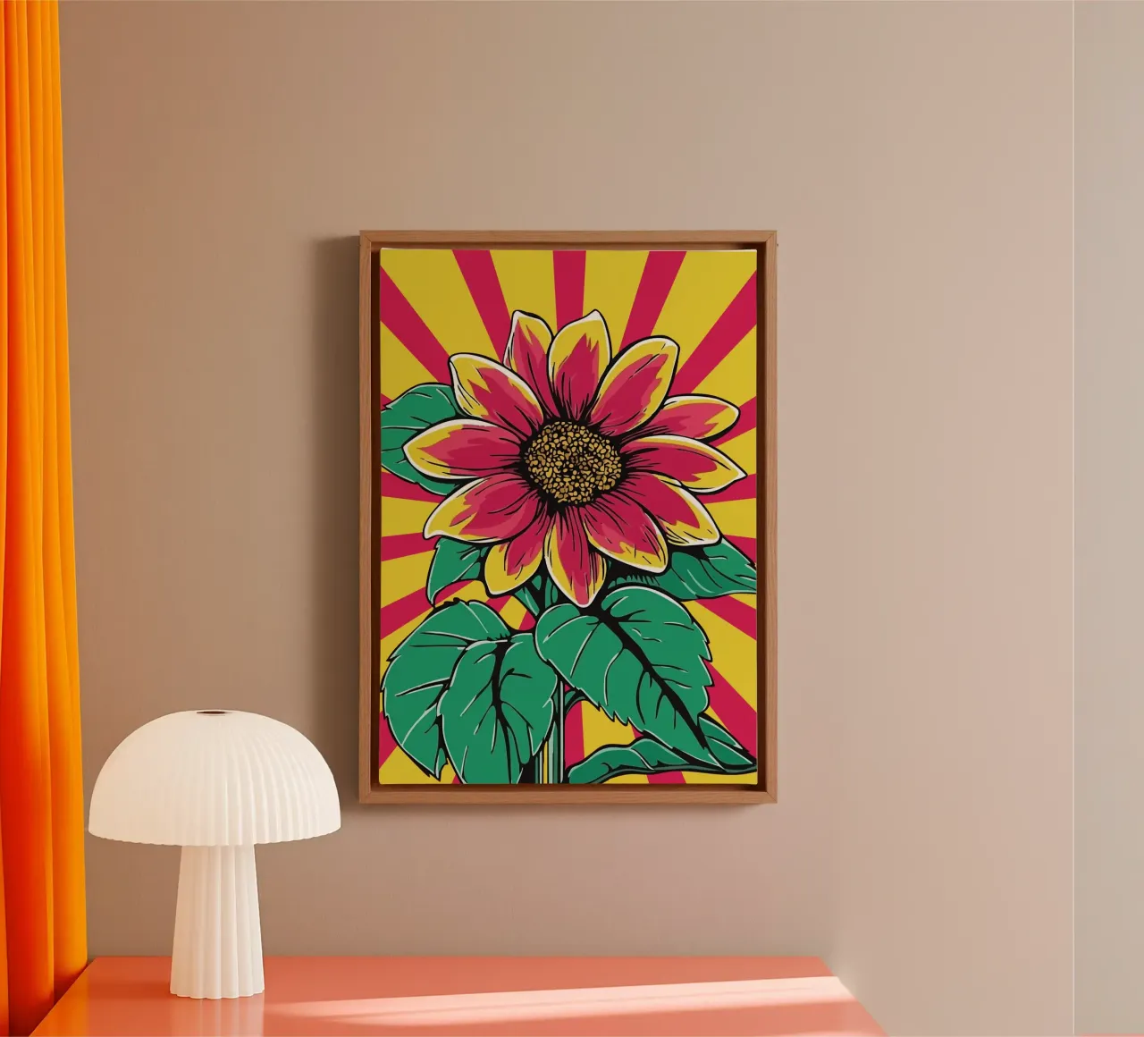 Red sunflower against a yellow-red ray background canvas with Floater frame by pixelbull - medieval art and more