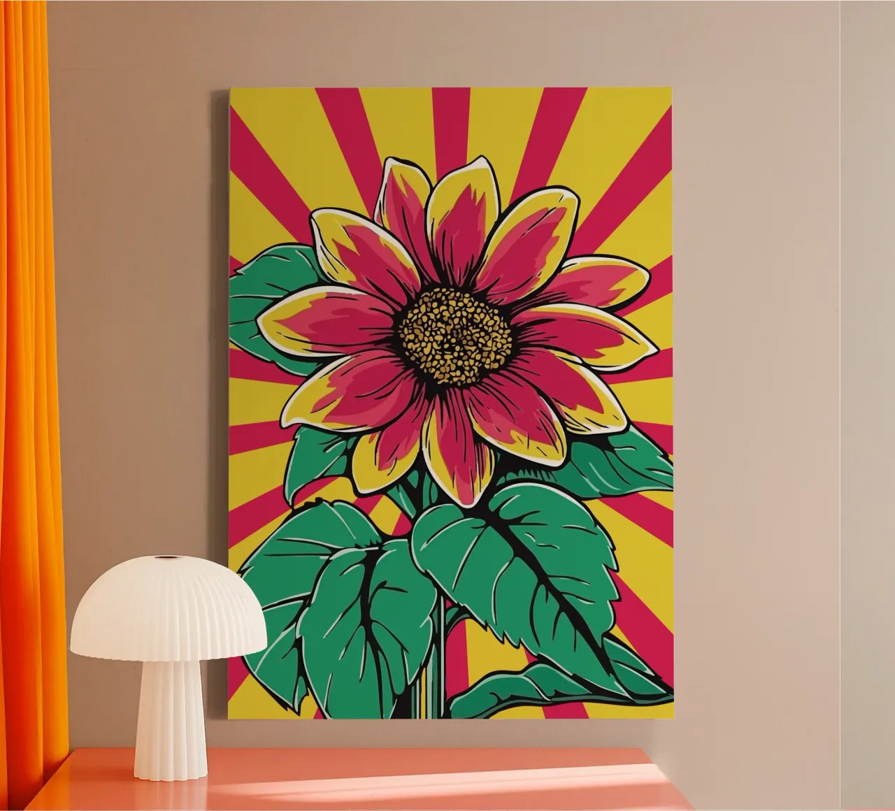 Red sunflower against a yellow-red ray background canvas with Floater frame by pixelbull - medieval art and more