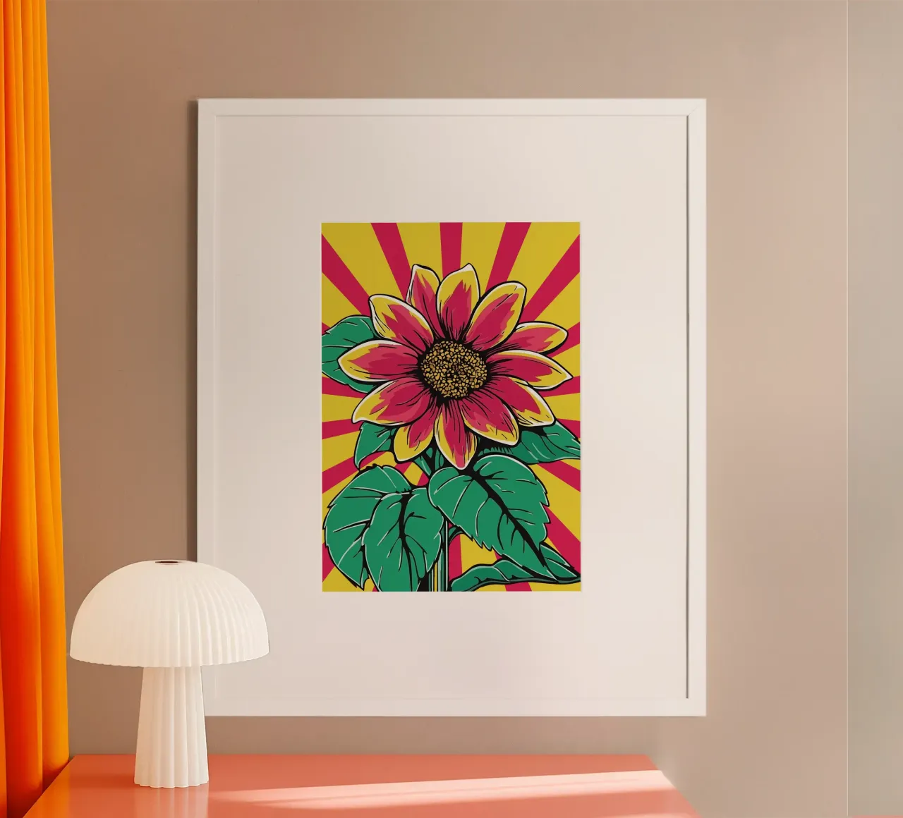Girasole rosso su sfondo giallo-rosso a raggiera poster con telaio in legno da pixelbull - medieval art and more