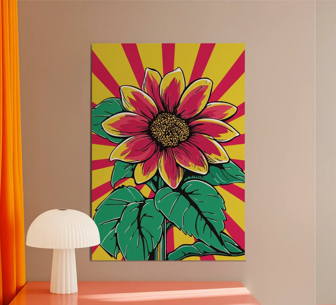 Girasole rosso su sfondo giallo-rosso a raggiera poster con telaio in legno da pixelbull - medieval art and more
