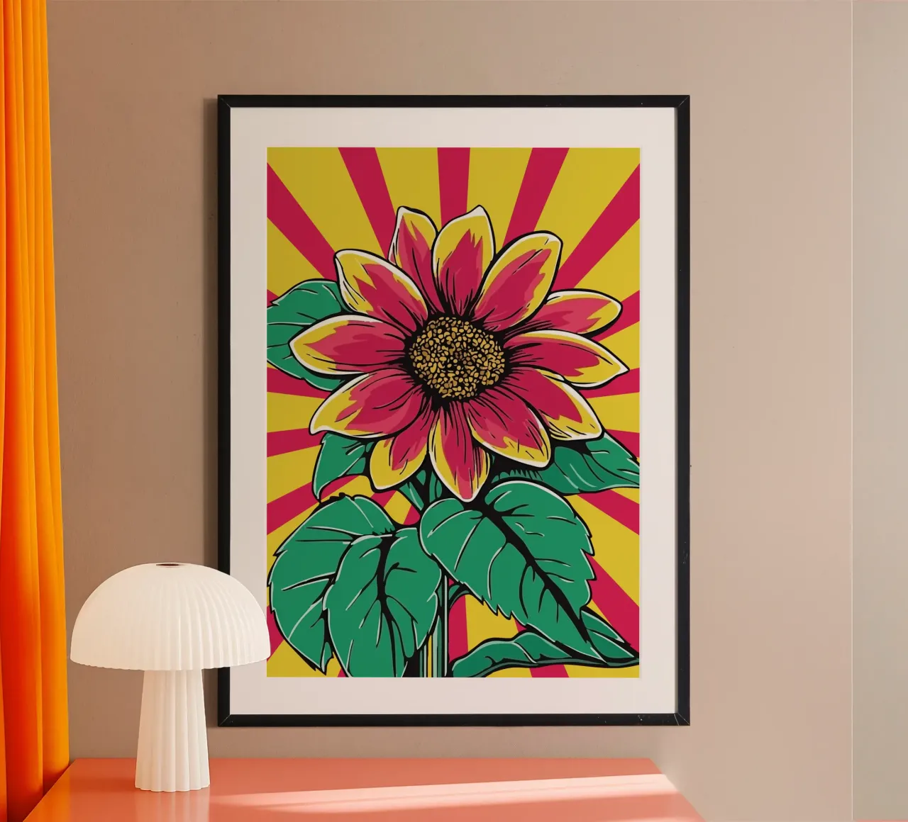 Girasole rosso su sfondo giallo-rosso a raggiera poster con telaio in legno da pixelbull - medieval art and more