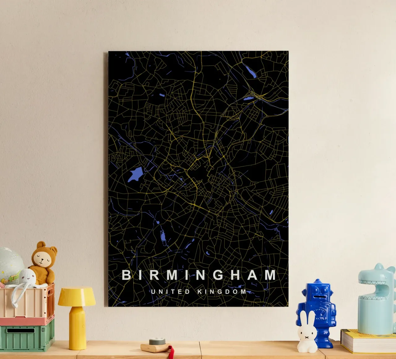 Mappa della città di Birmingham Regno Unito nero e oro alluminio dibond da Cartographers Library