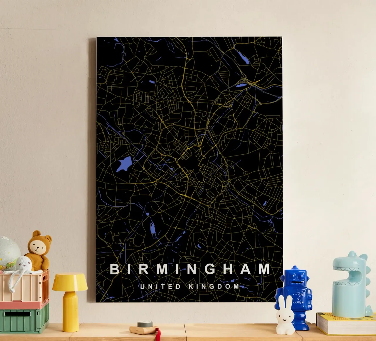 Mappa della città di Birmingham Regno Unito nero e oro tela da Cartographers Library