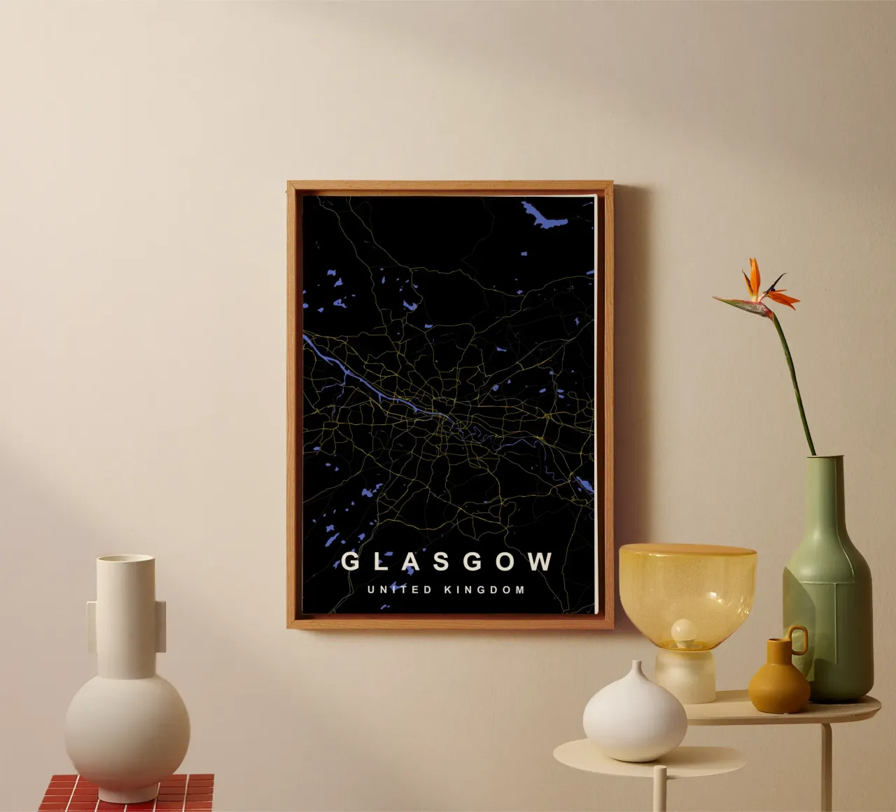 Mappa della città di Glasgow Regno Unito nero e oro tela con Cornice a cassetta da Cartographers Library