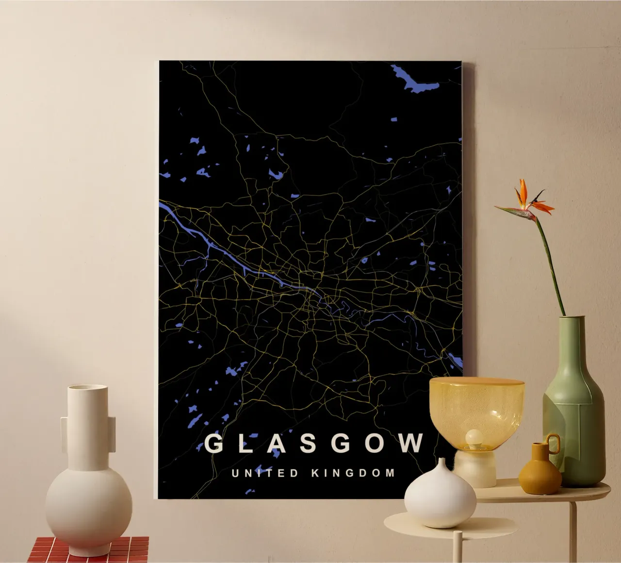 Mappa della città di Glasgow Regno Unito nero e oro tela con Cornice a cassetta da Cartographers Library