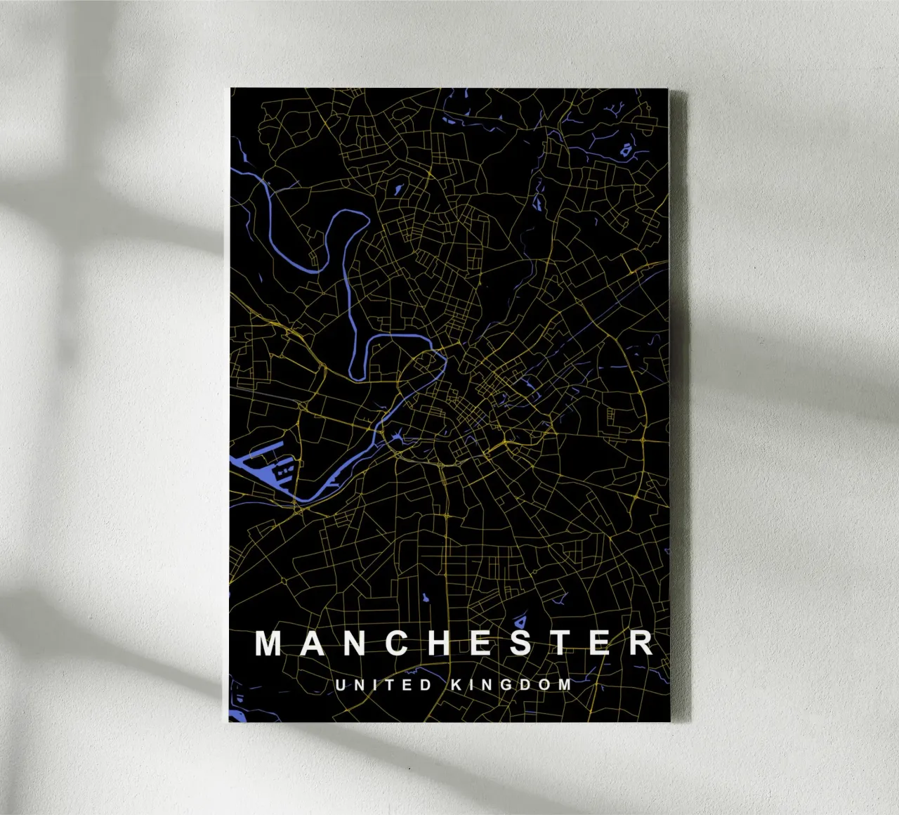 Manchester UK stadsplattegrond zwart en goud canvas met Baklijst van Cartographers Library