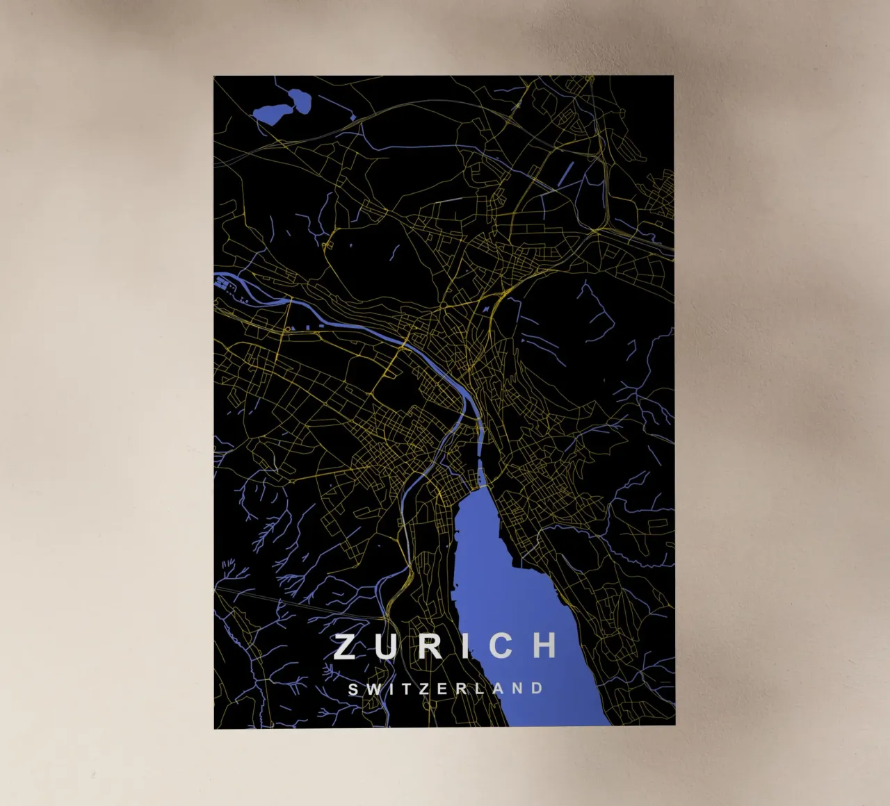 Zurigo Svizzera - Mappa della città in nero e oro pellicola backlit da Cartographers Library