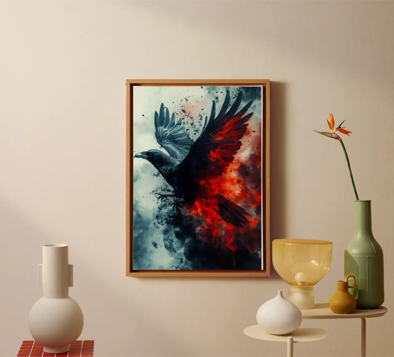 Zwarte raafvogel canvas met Baklijst van Justyna Jaszke JBJart