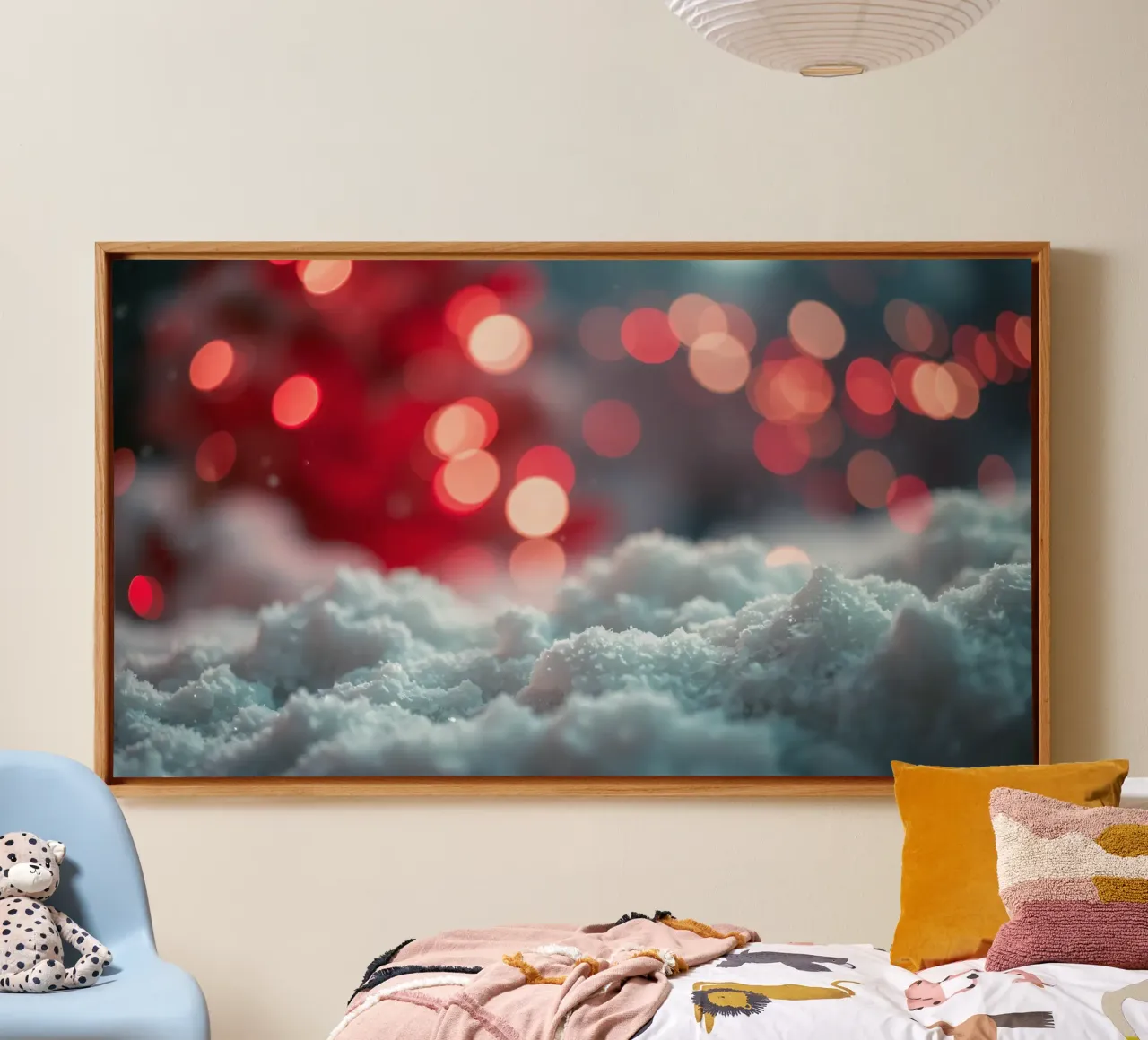 Luminose luci natalizie illuminano la neve soffice tela con Cornice a cassetta da DesignDoodle