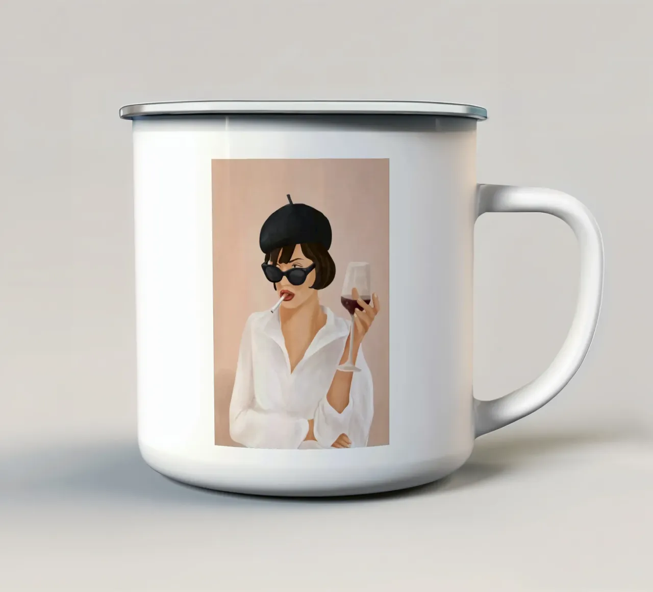 Stylish Woman with Wine and Cigarette tazza in smalto da Flow Line