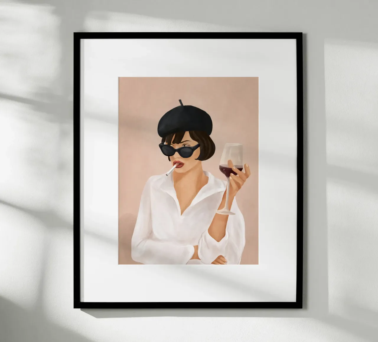 Stylish Woman with Wine and Cigarette poster con telaio in alluminio da Flow Line