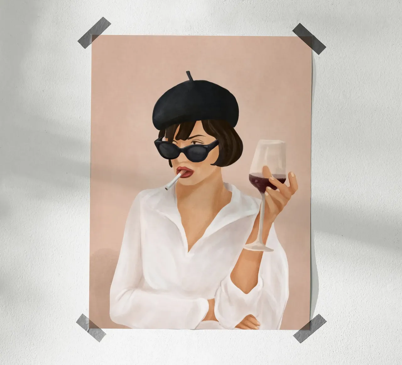 Stylish Woman with Wine and Cigarette poster con telaio in alluminio da Flow Line