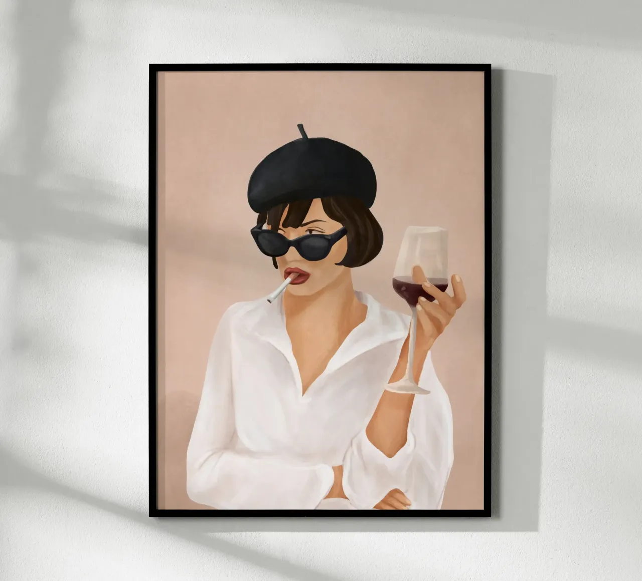 Stylish Woman with Wine and Cigarette poster con telaio in alluminio da Flow Line