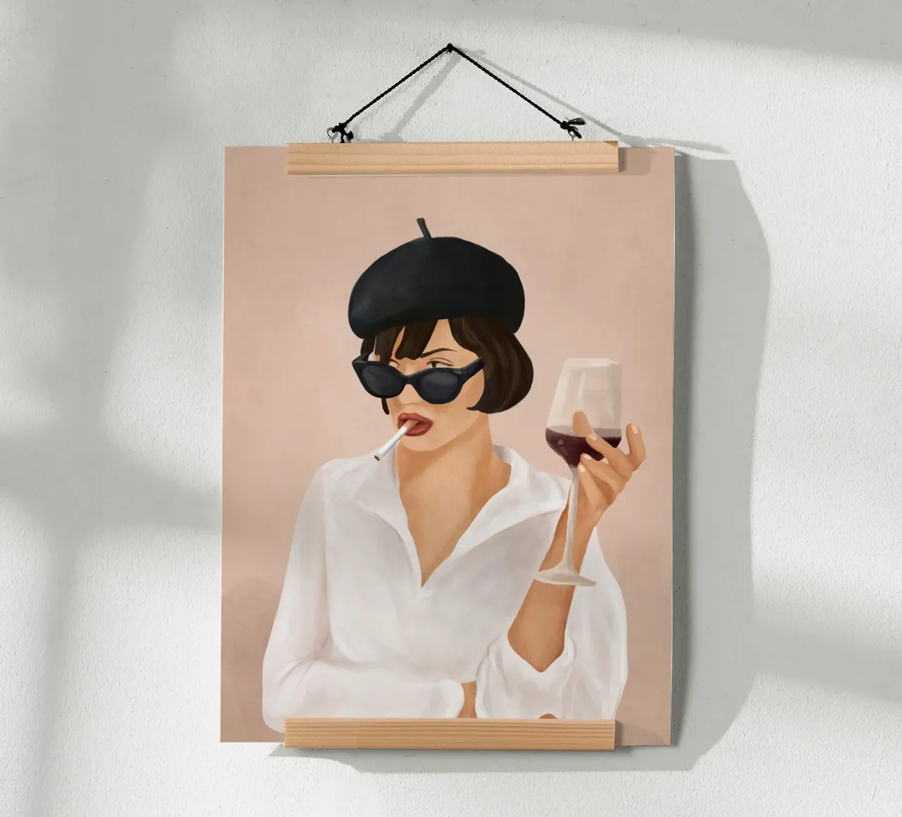Stylish Woman with Wine and Cigarette poster con telaio in alluminio da Flow Line