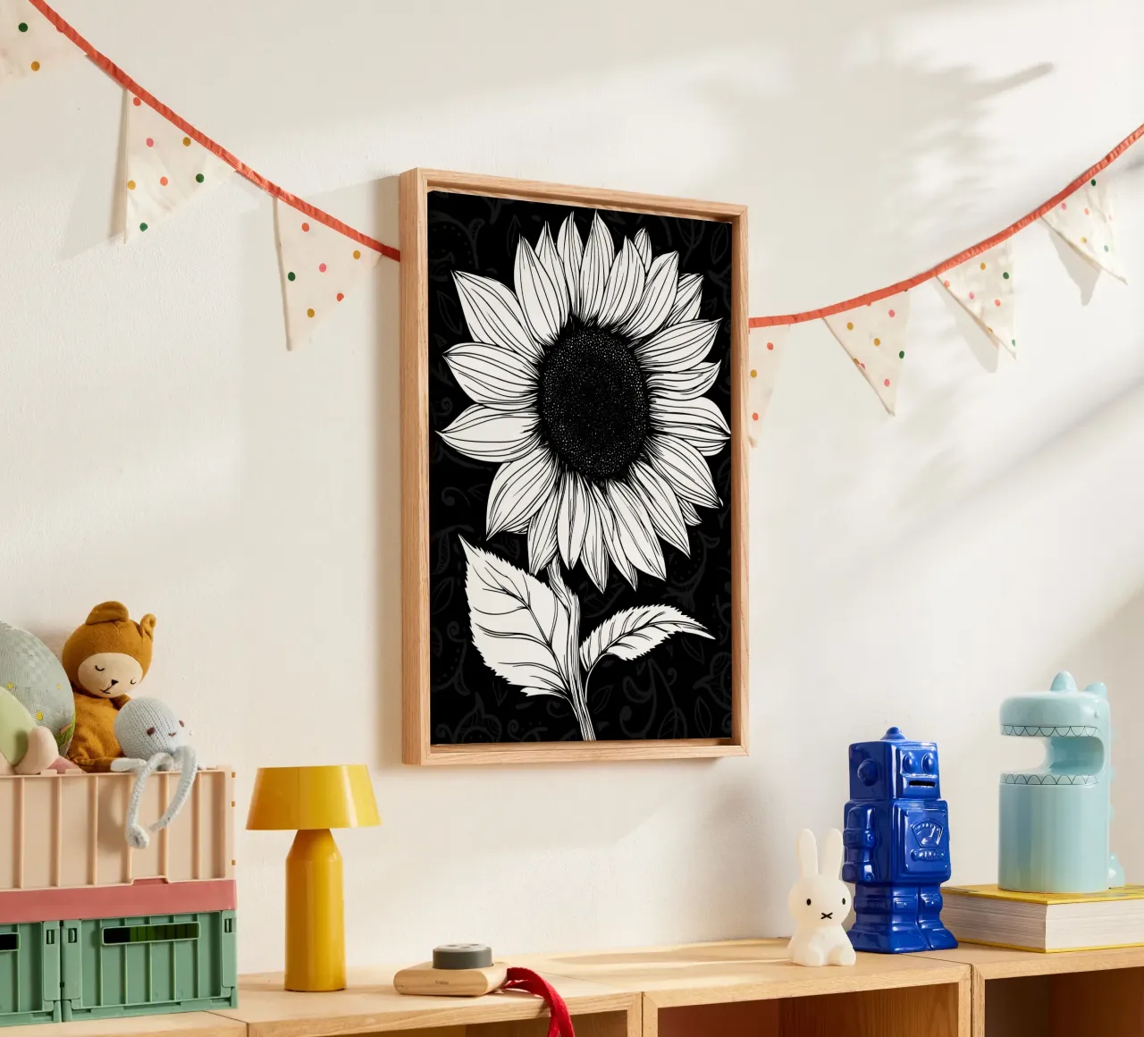 Gedetailleerde zonnebloem op zwarte achtergrond canvas met Baklijst van pixelbull - medieval art and more