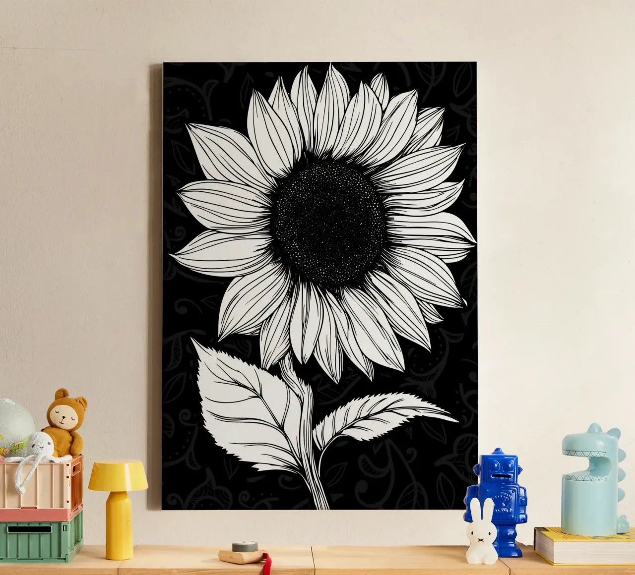 Gedetailleerde zonnebloem op zwarte achtergrond canvas met Baklijst van pixelbull - medieval art and more