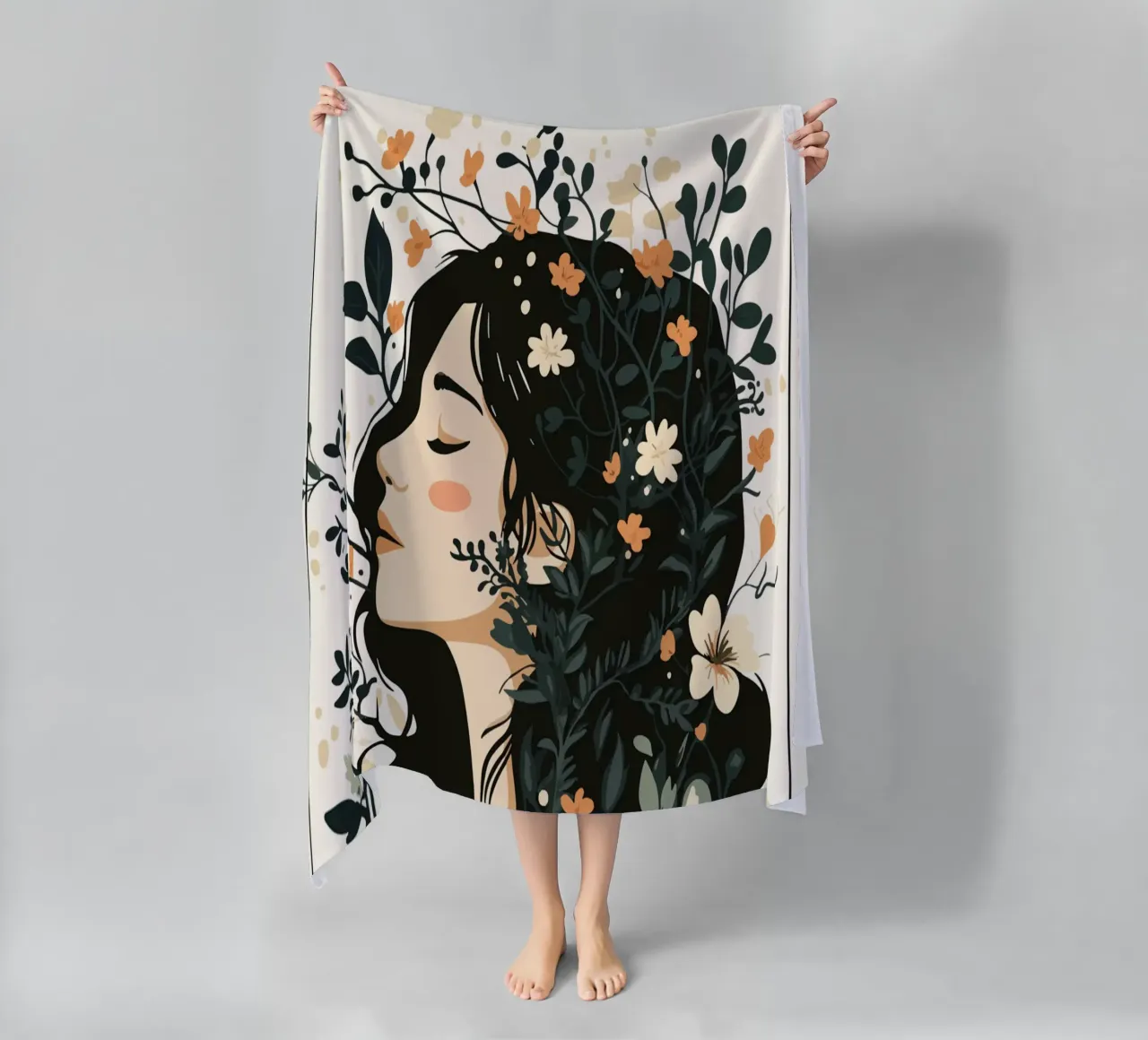 Donna di profilo con splendore floreale telo mare da pixelbull - medieval art and more