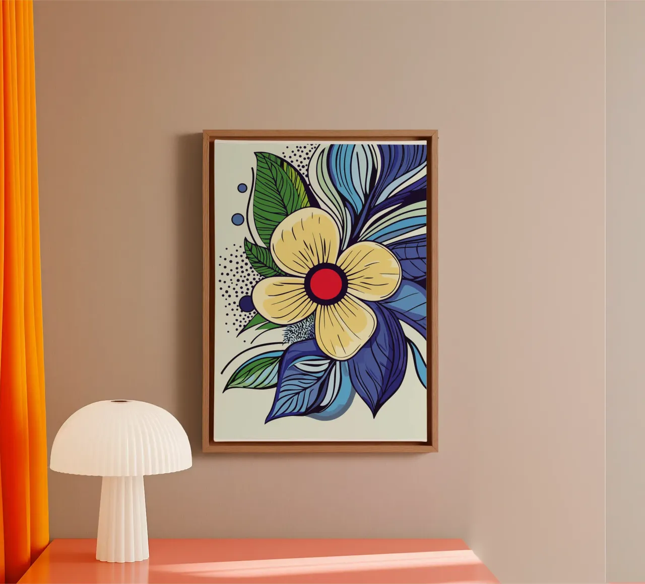 Fiore giallo con centro rosso su base fogliare tela con Cornice a cassetta da pixelbull - medieval art and more