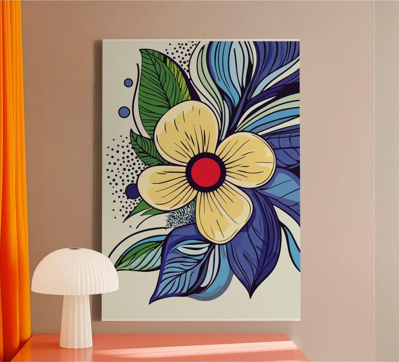 Fiore giallo con centro rosso su base fogliare tela con Cornice a cassetta da pixelbull - medieval art and more