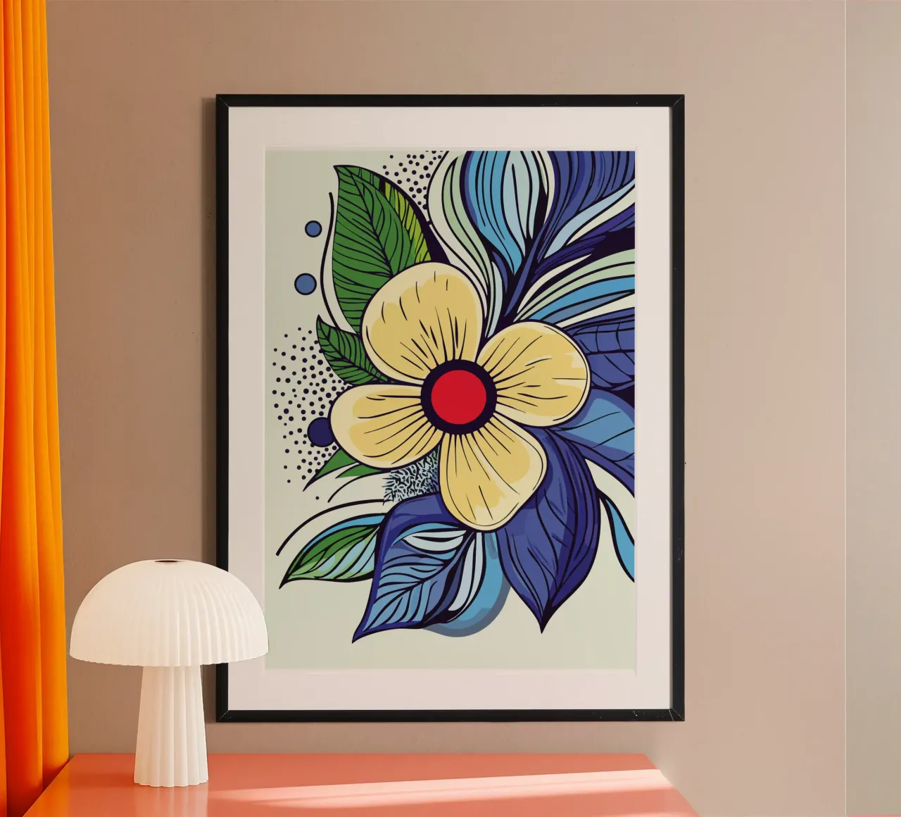 Fiore giallo con centro rosso su base fogliare poster da pixelbull - medieval art and more