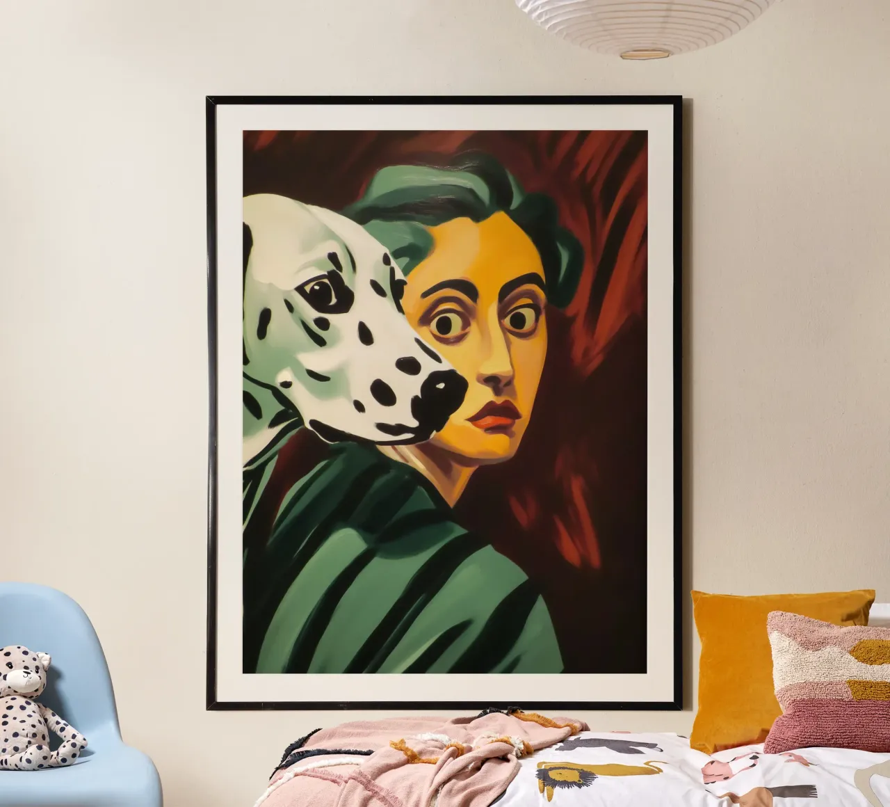 Ritratto di donna con dalmata | Pittura espressionista poster con telaio in legno da Autofocus