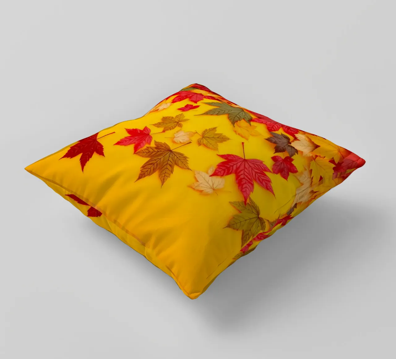 foglie autunnali sparse su uno sfondo giallo caldo cuscino da DesignDoodle