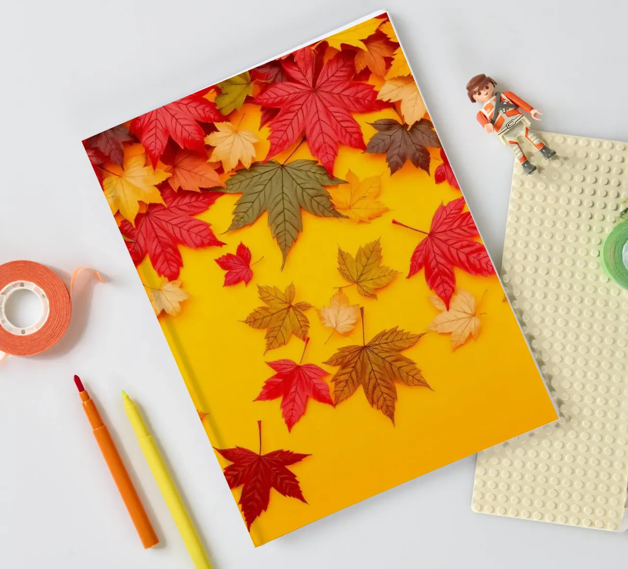 feuilles d'automne dispersées sur un fond jaune chaud carnet de notes de DesignDoodle