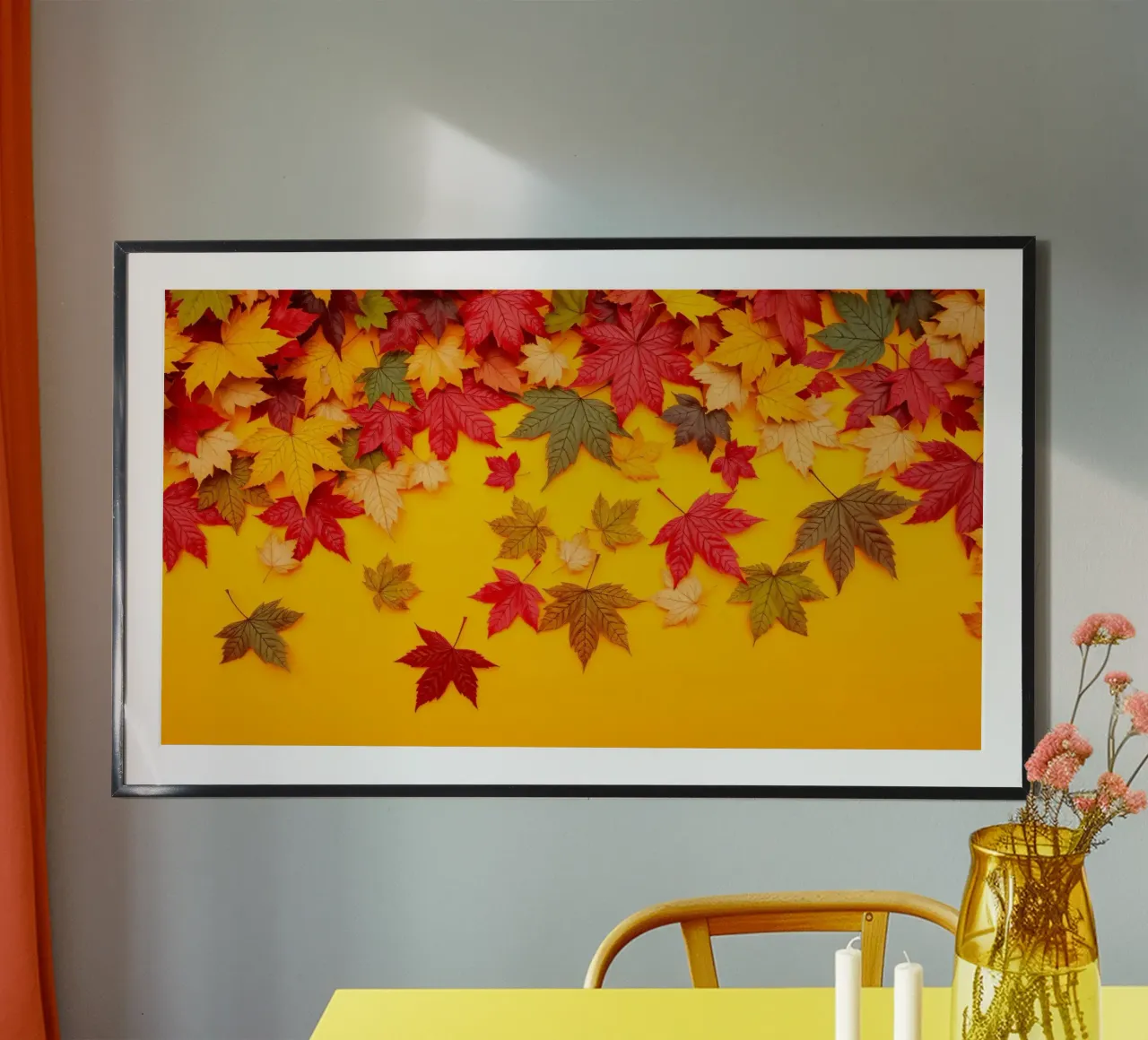 foglie autunnali sparse su uno sfondo giallo caldo poster con telaio in legno da DesignDoodle