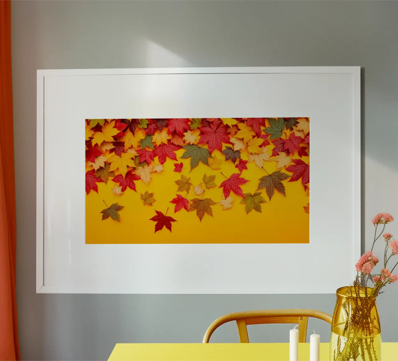 foglie autunnali sparse su uno sfondo giallo caldo poster con telaio in legno da DesignDoodle