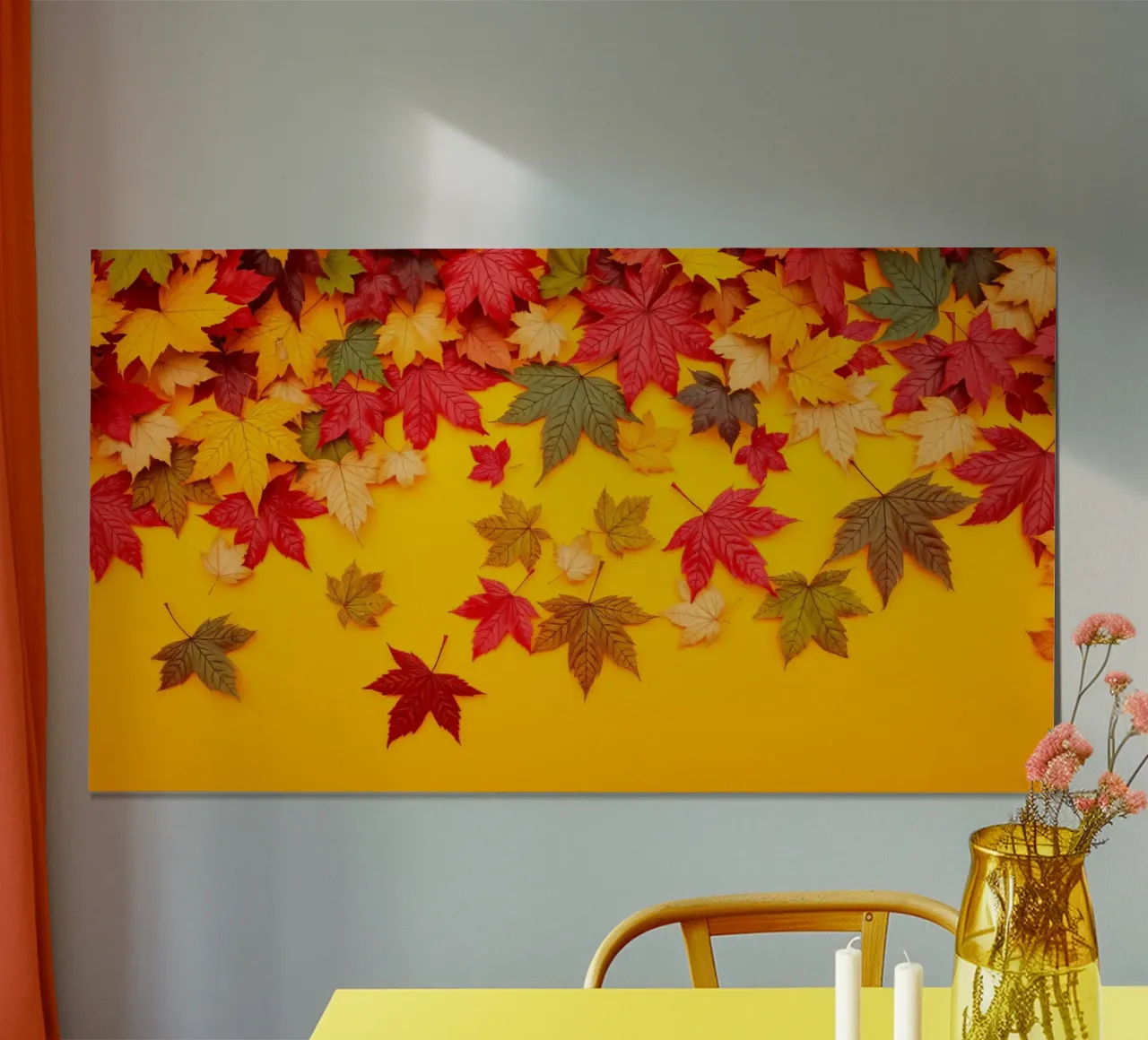 foglie autunnali sparse su uno sfondo giallo caldo poster con telaio in legno da DesignDoodle