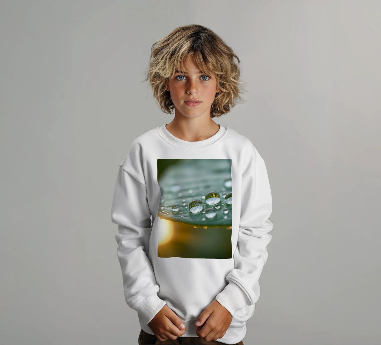 Vue rapprochée de gouttelettes d'eau sur une feuille verte sweat enfant de DesignDoodle