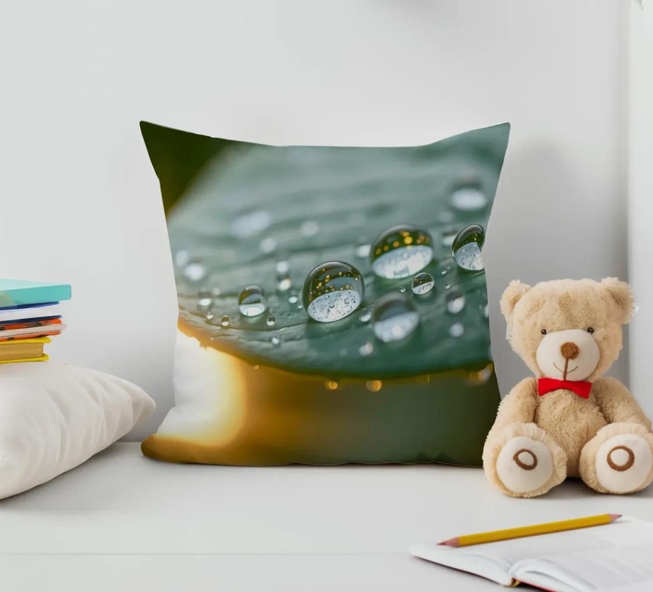 Close-up view of water droplets on a green leaf decorative cushion by DesignDoodle