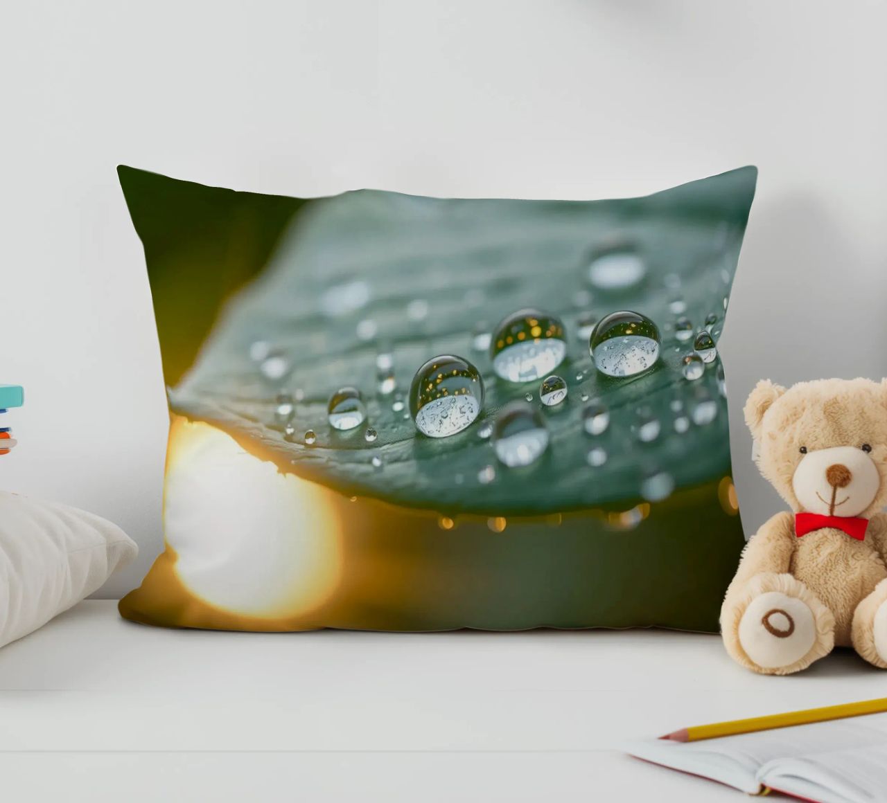 Vue rapprochée de gouttelettes d'eau sur une feuille verte coussin de DesignDoodle