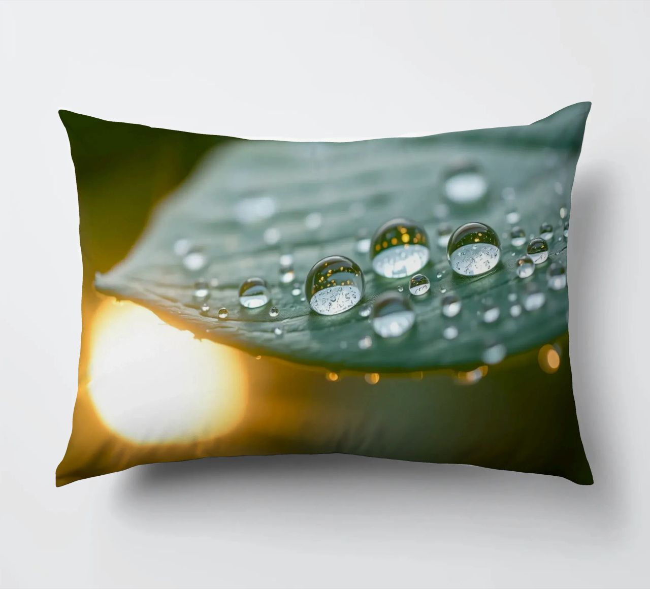 Vue rapprochée de gouttelettes d'eau sur une feuille verte coussin de DesignDoodle