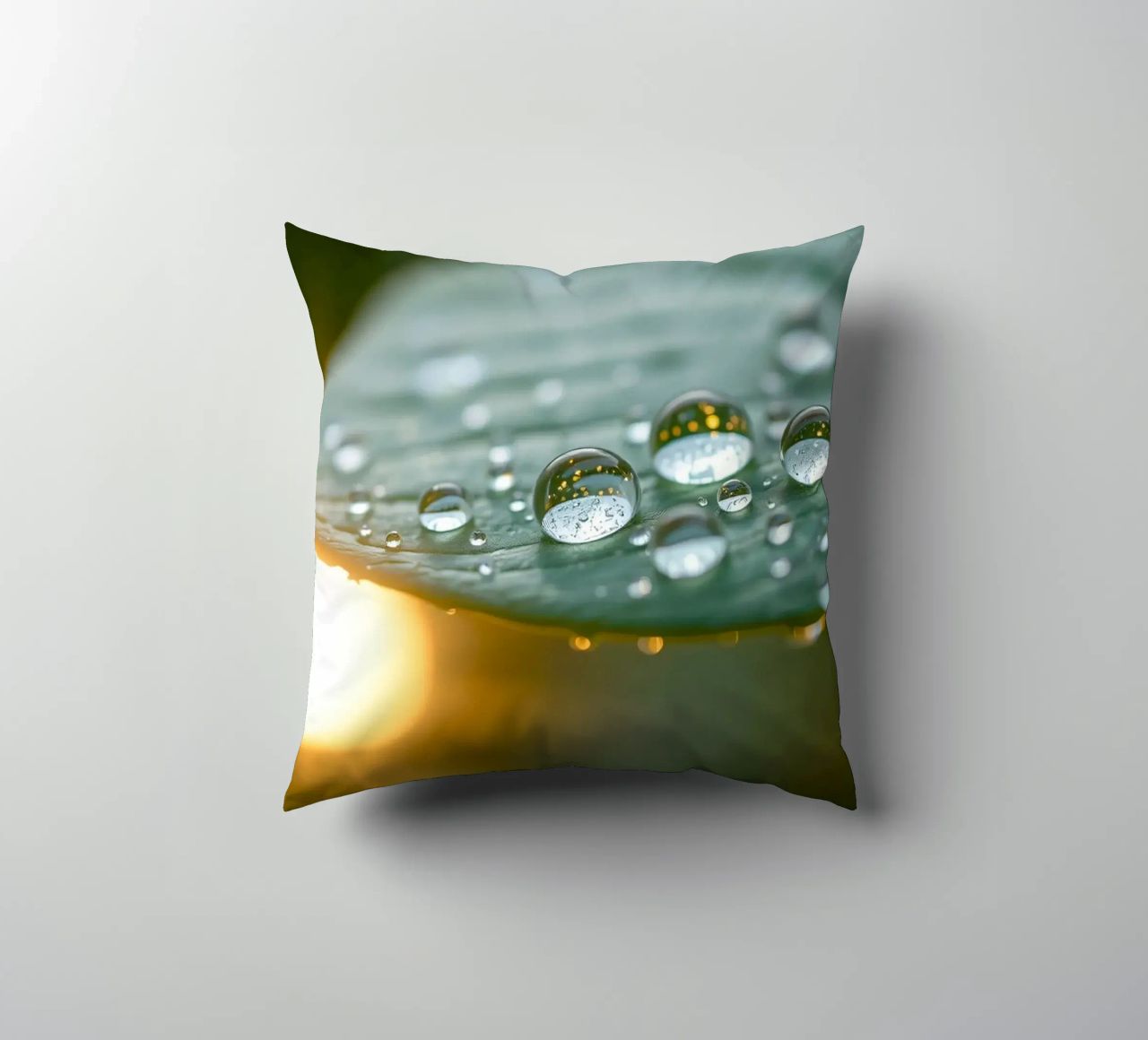 Vue rapprochée de gouttelettes d'eau sur une feuille verte coussin de DesignDoodle
