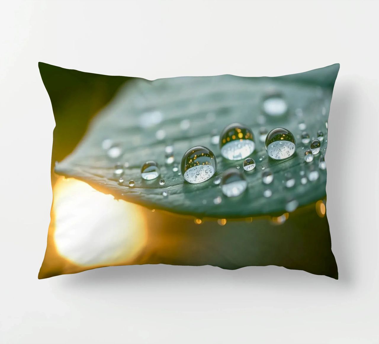 Vue rapprochée de gouttelettes d'eau sur une feuille verte coussin de DesignDoodle