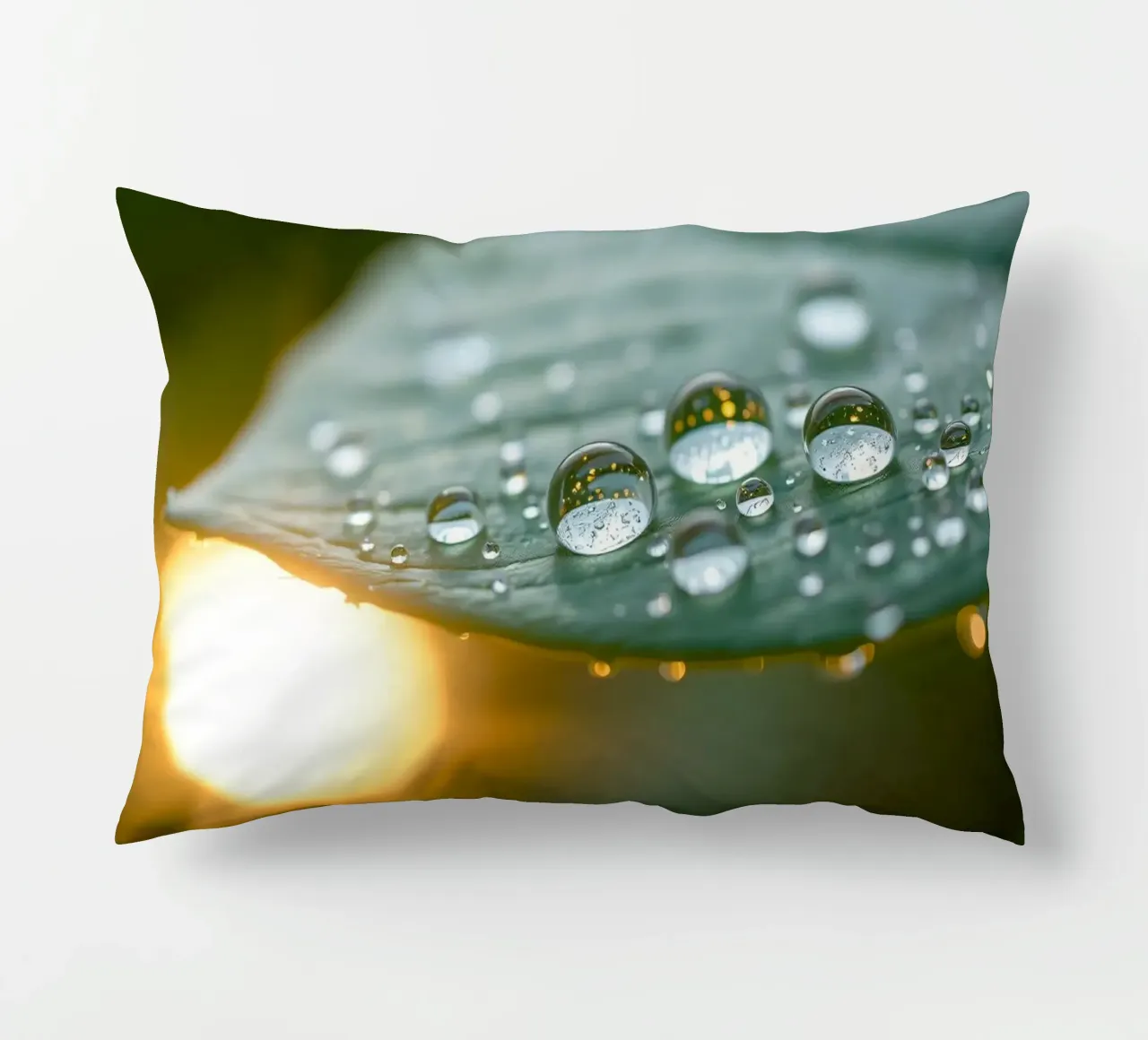 Close-up view of water droplets on a green leaf decorative cushion by DesignDoodle