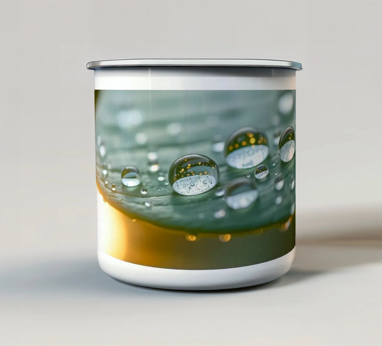 Vista ravvicinata di gocce d'acqua su una foglia verde tazza in smalto da DesignDoodle