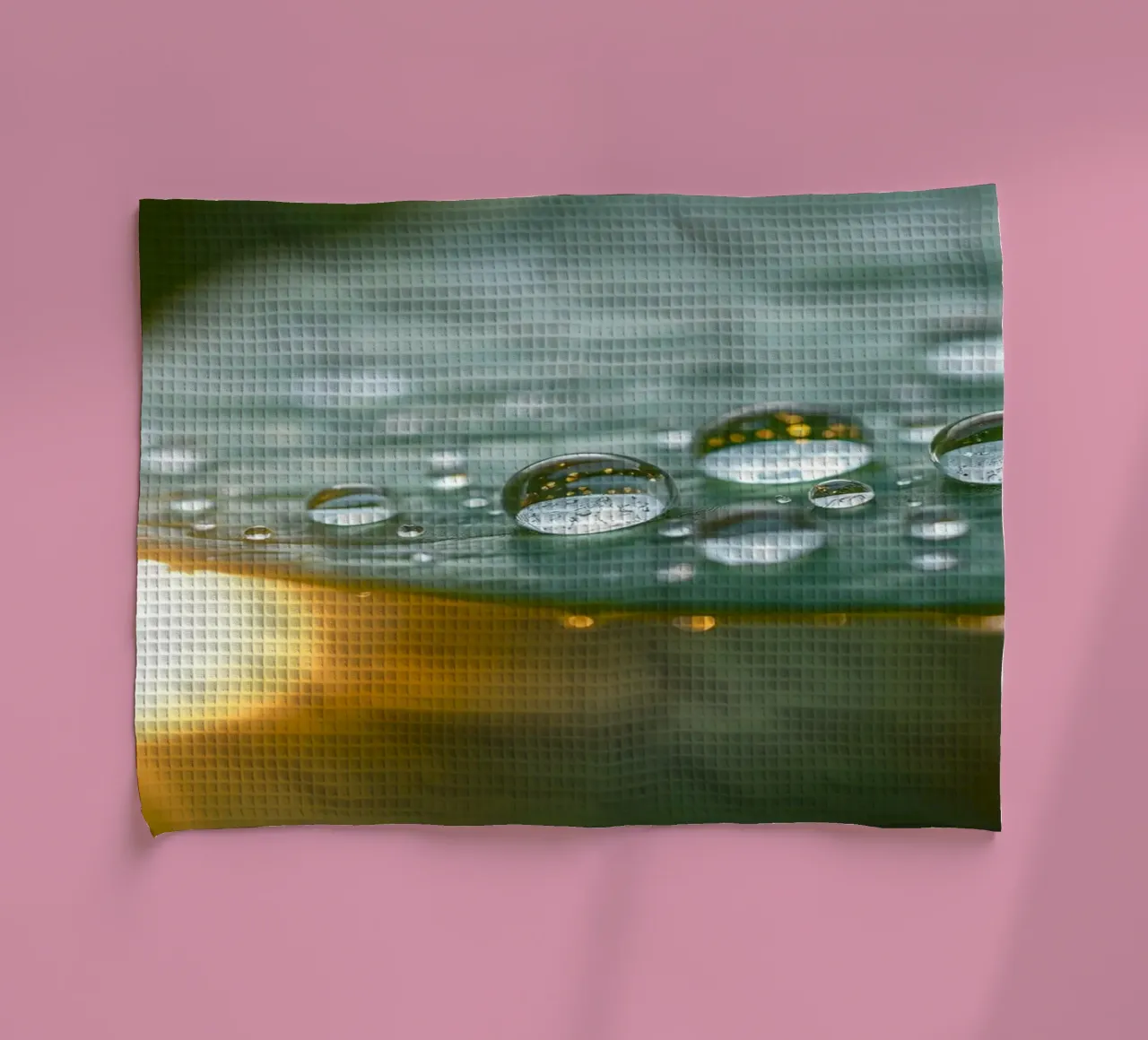 Vue rapprochée de gouttelettes d'eau sur une feuille verte torchon de DesignDoodle