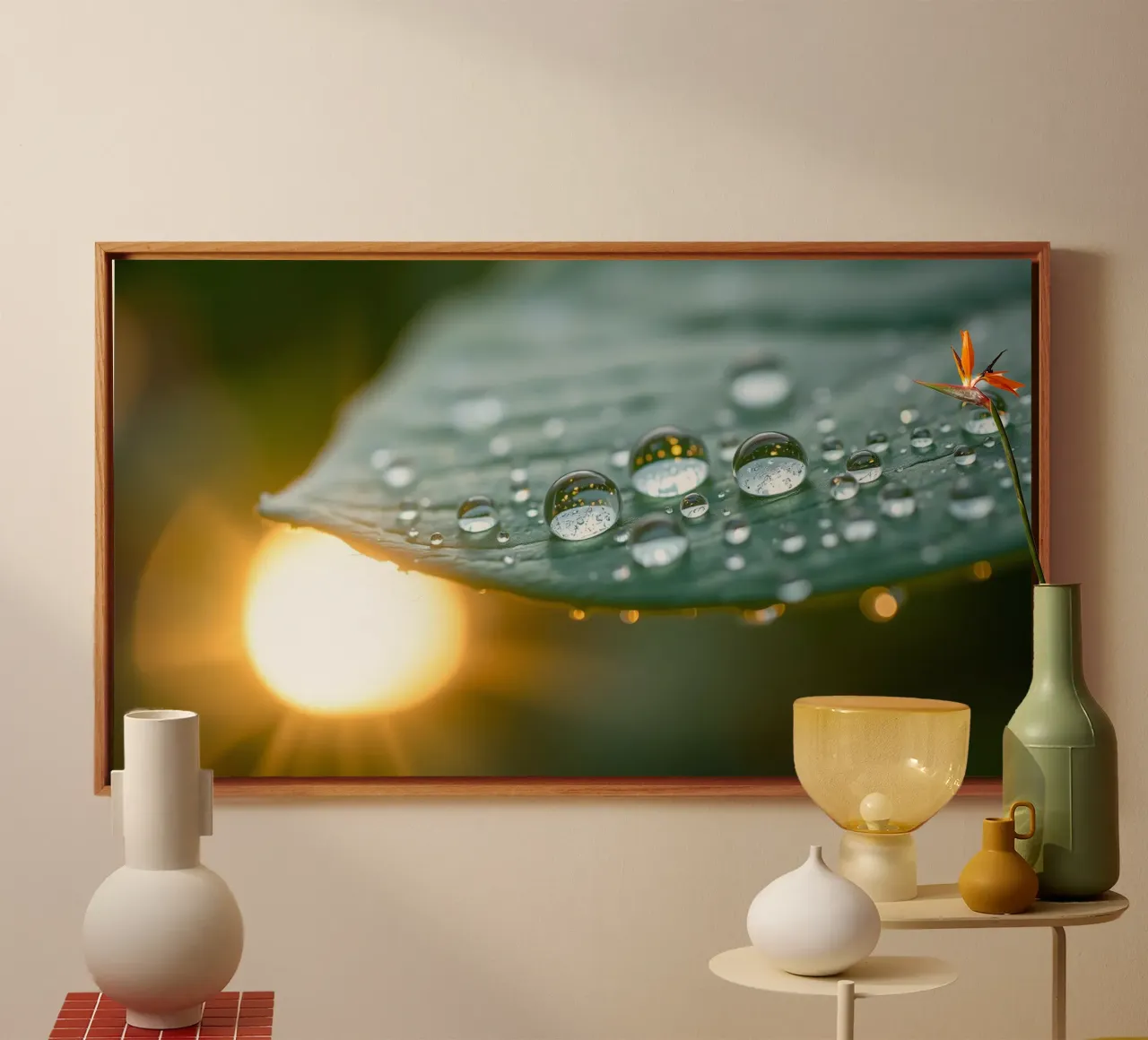 Close-up view of water droplets on a green leaf canvas with Floater frame by DesignDoodle