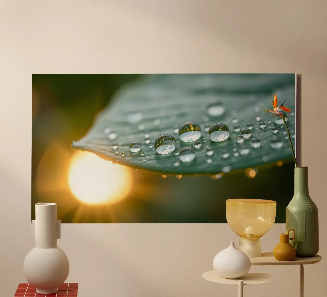 Close-up view of water droplets on a green leaf canvas with Floater frame by DesignDoodle