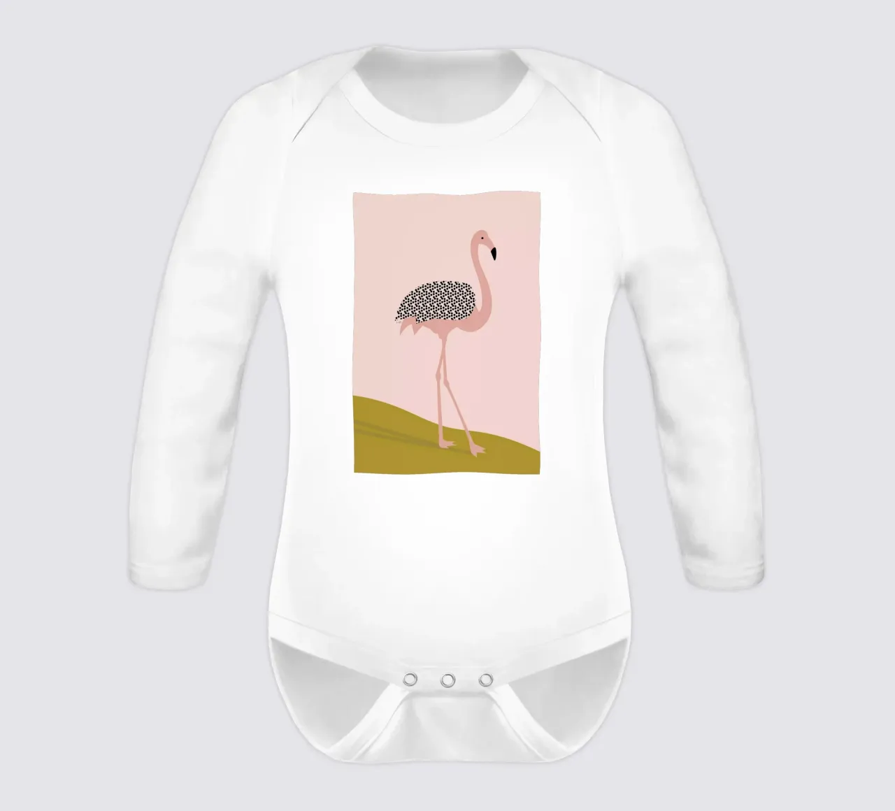 Flamingo long-sleeve baby romper by Linda Gobeta