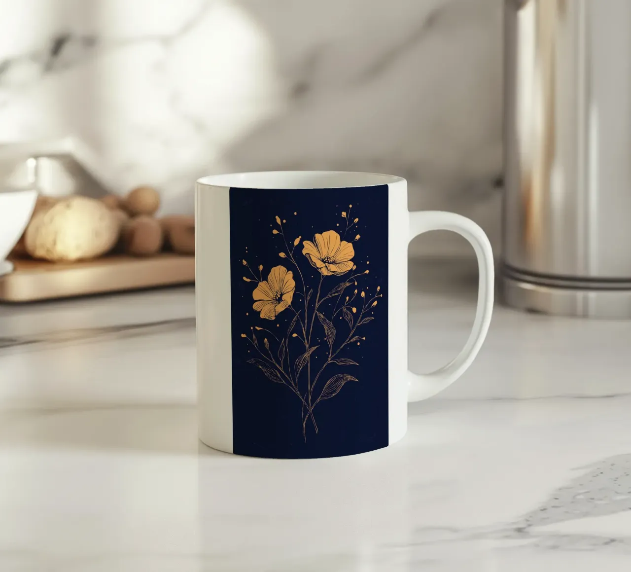 Papaveri dorati su sfondo blu intenso tazza in ceramica da pixelbull - medieval art and more