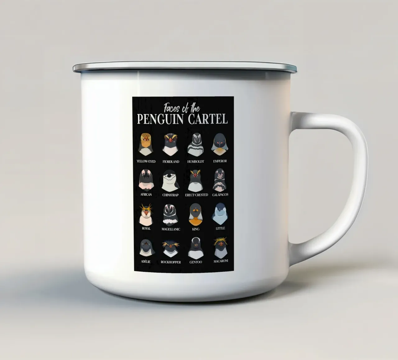 I volti del cartello dei pinguini - Tutte le specie in sintesi tazza in smalto da pixelbull - medieval art and more